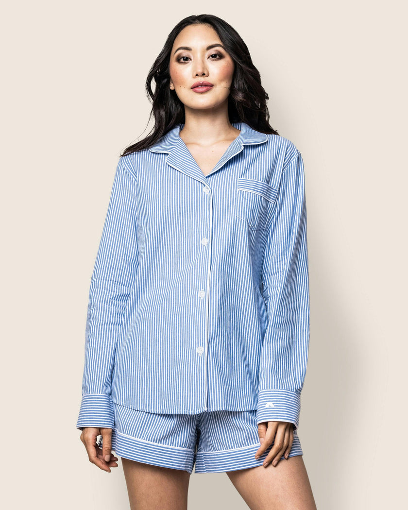 Women's Twill Long Sleeve Short Set in French Blue Heritage Stripe