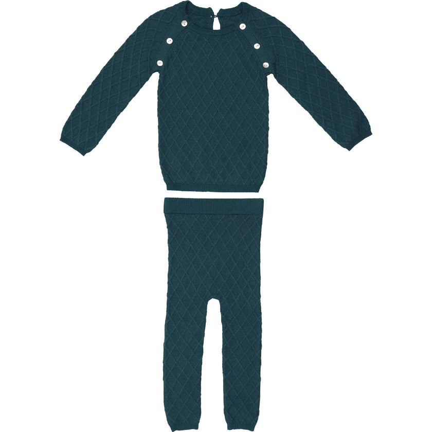 Diamond Knit Shoulder Snap Long Sleeve Sweater & Pant 2-Piece2-Piece Set, Blue
