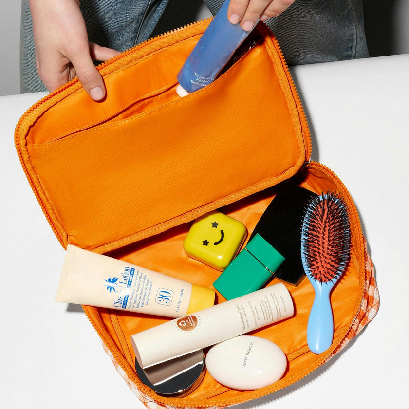 Sunset Orange Gingham Zip Round Cosmetic