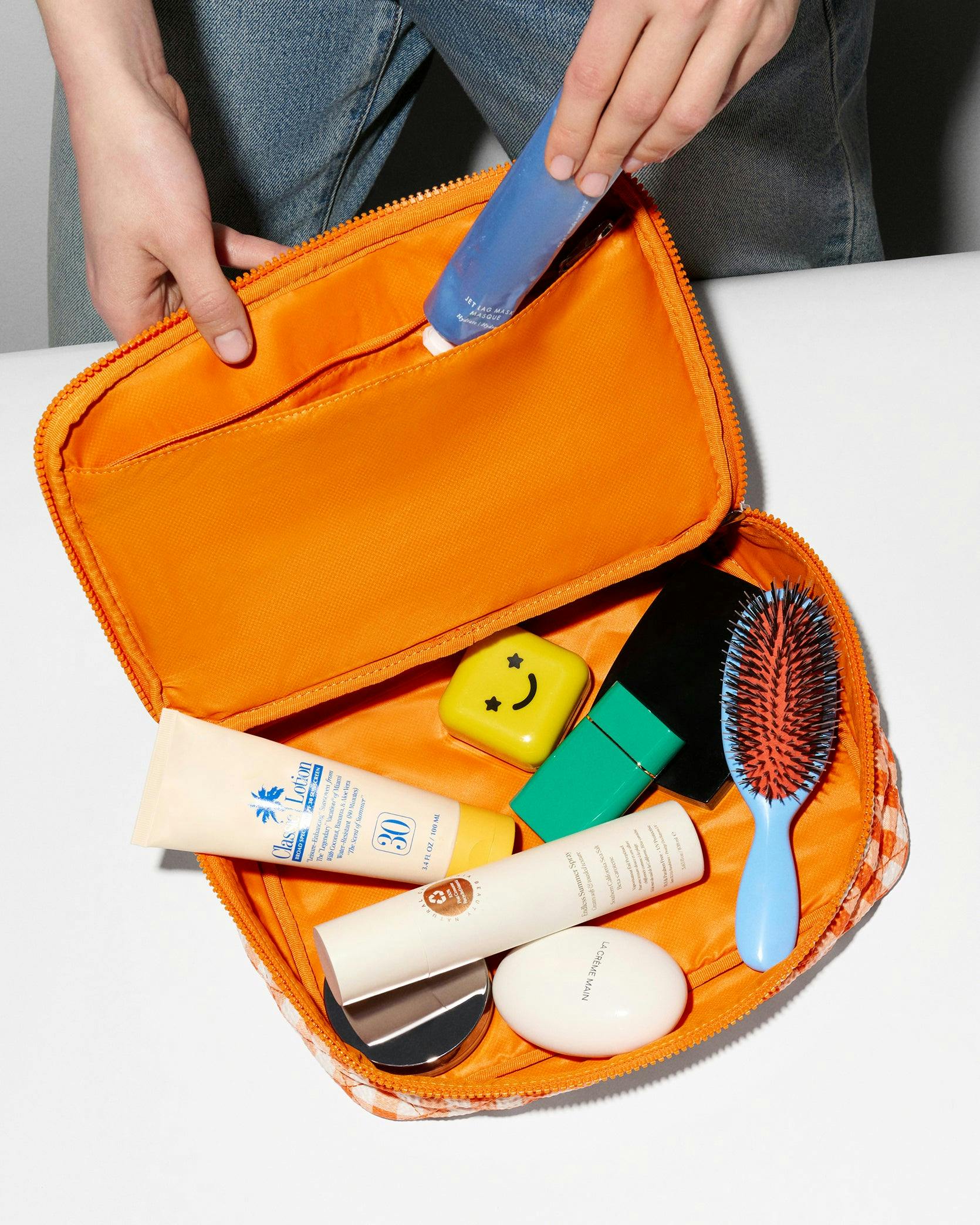 Sunset Orange Gingham Zip Round Cosmetic