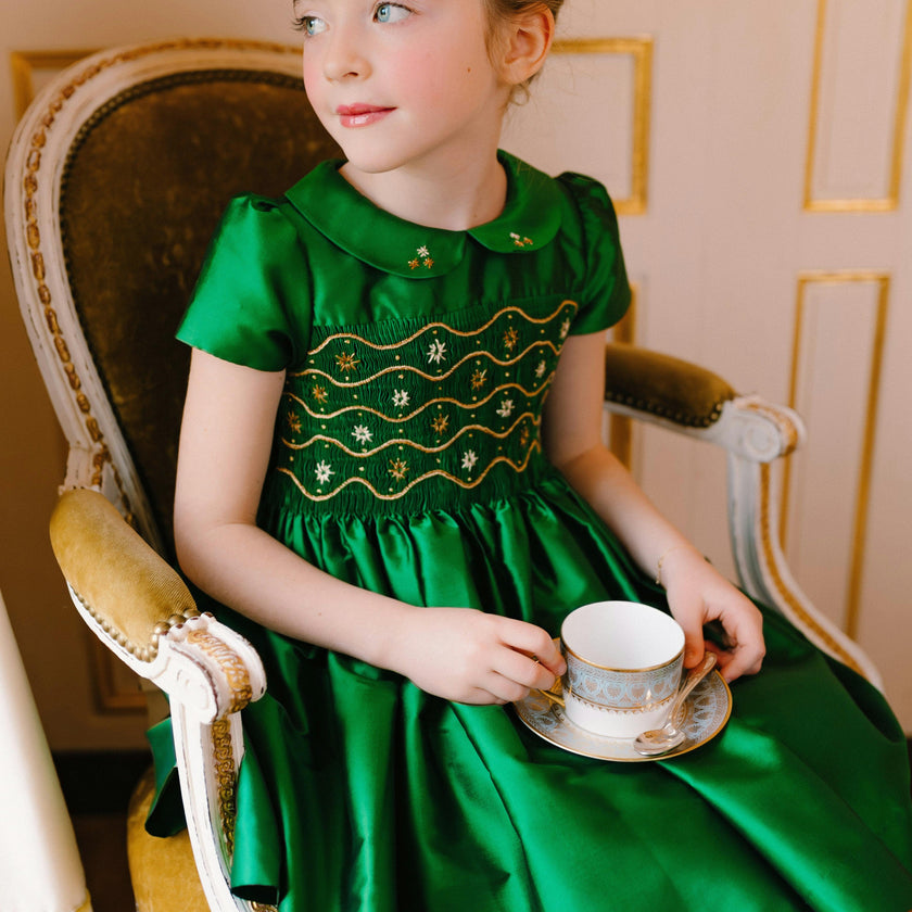 Stella Green Silk Short Sleeve Smocked Dress
