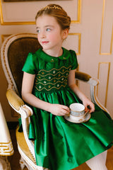 Stella Green Silk Short Sleeve Smocked Dress