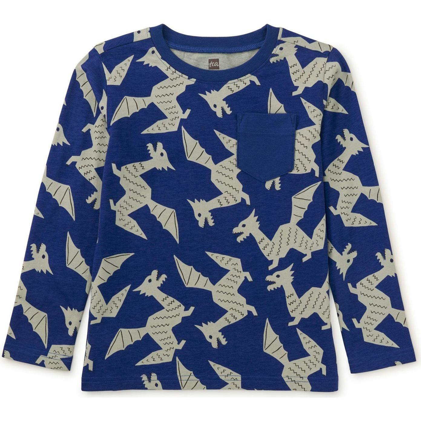 Long Sleeve Printed Pocket Tee, Blue