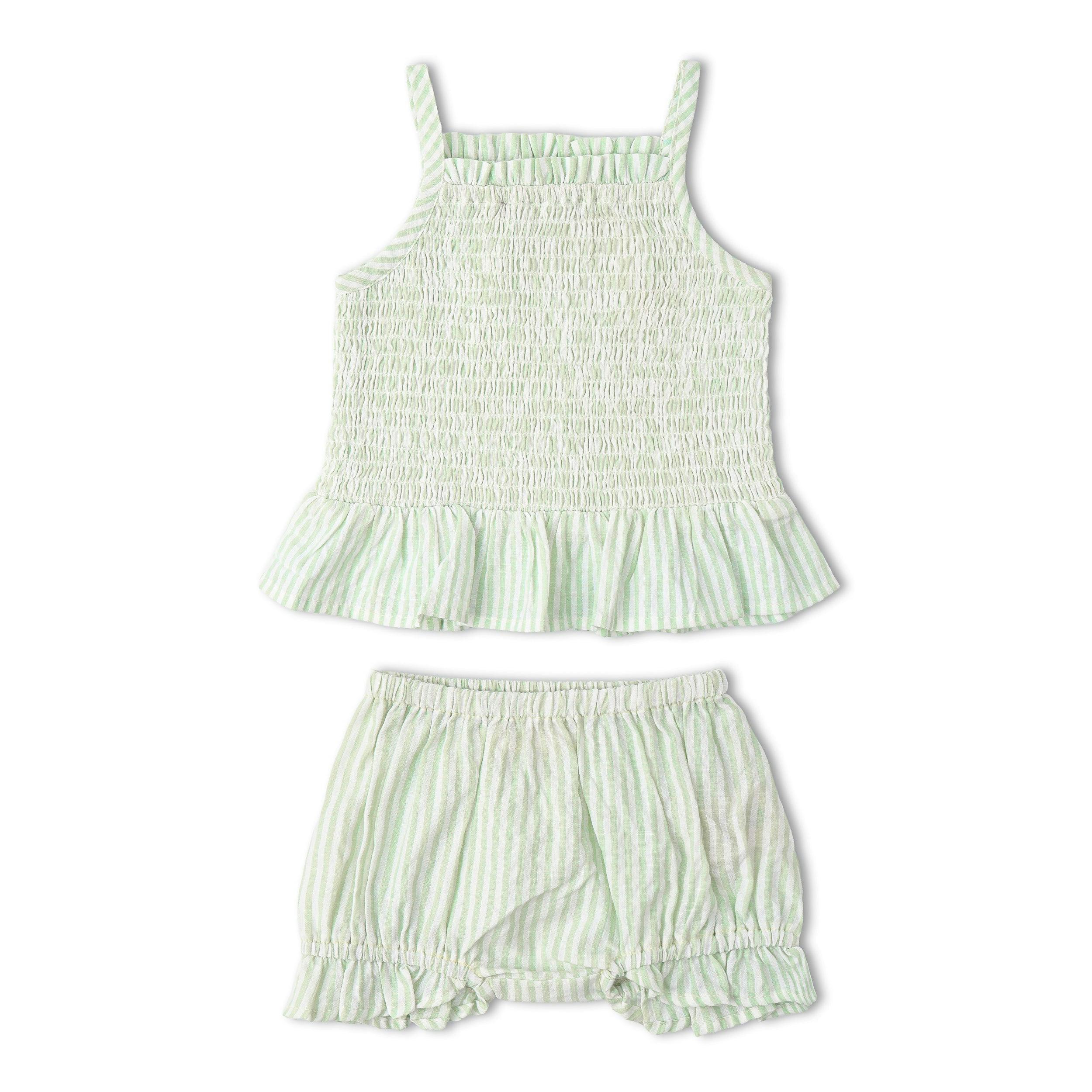 Organic Smocked Top And Bloomer Set - Basil Stripes