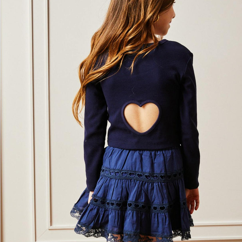 Sloane Navy Long Sleeve Heart Cut Out Ribbed Top