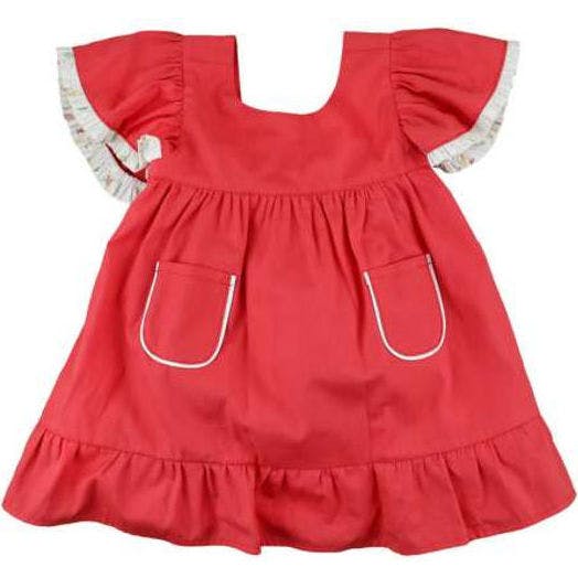 Girls' Flutter-Sleeve Red Pocket Dress, Red