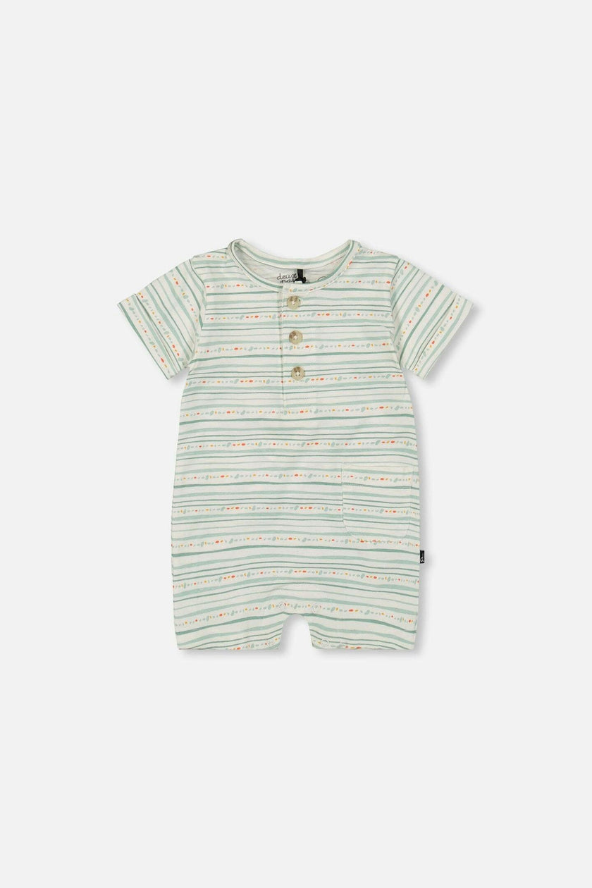 Organic Cotton Romper White Printed Mint Green Lines