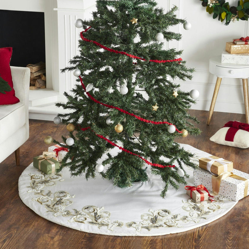 Hand Beaded Imperial Design Large Silk Cream Christmas Tree Skirt 60"