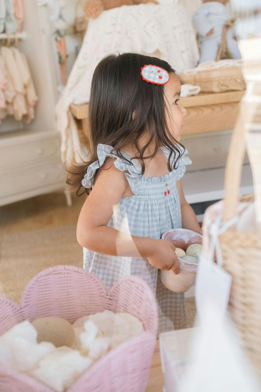 Smock Flutter Dress in Blue Gingham/Cherry