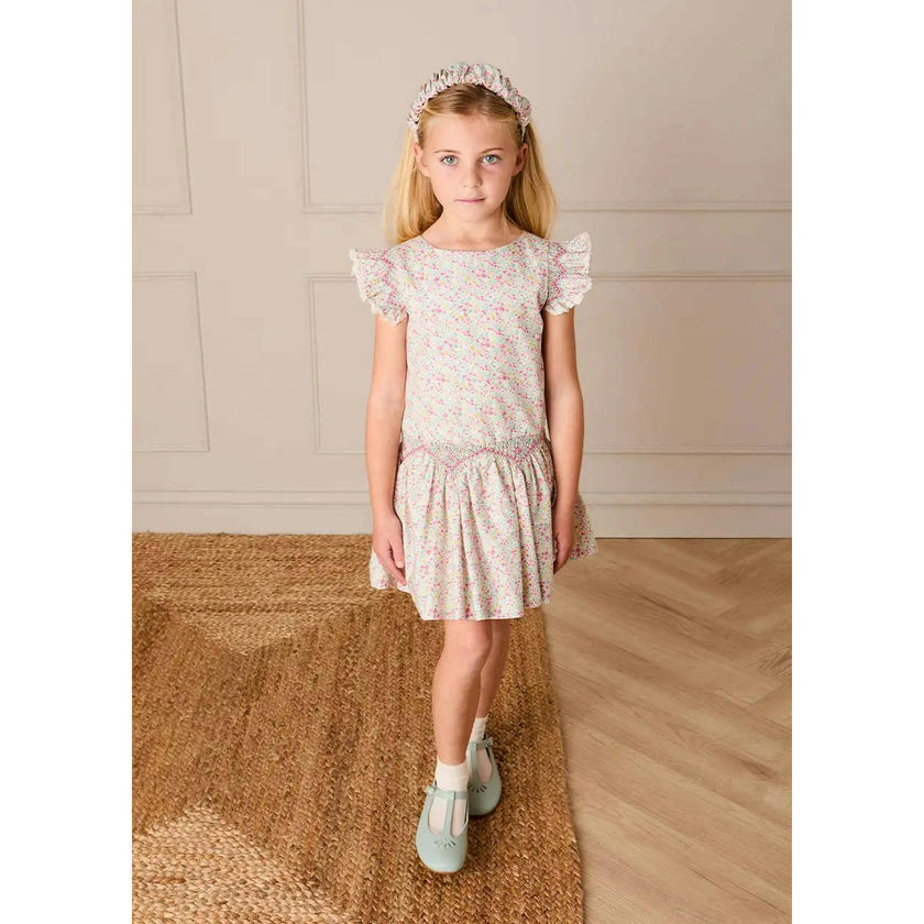 Adelaide Floral Smocked Cap Sleeve Drop Waist Dress in Pink (4-12yrs)