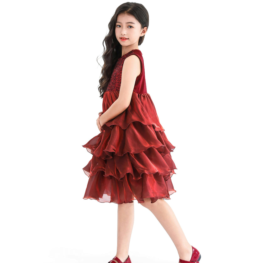 Red Sequin & Tiered Organza Dress