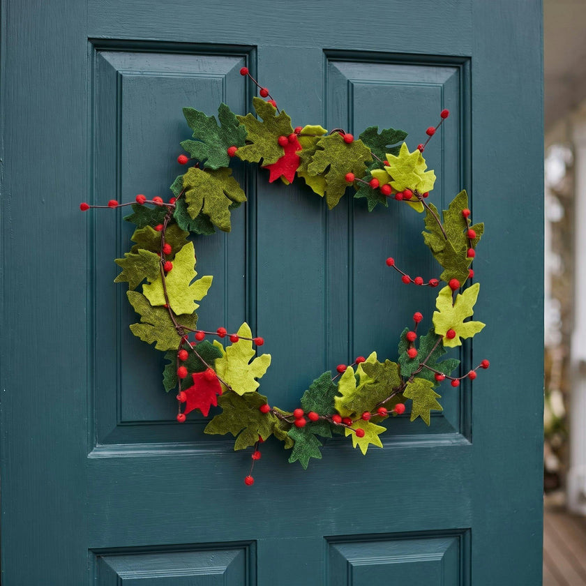 Maple Leaf Wreath Berries Hand Felted Wool - 12"