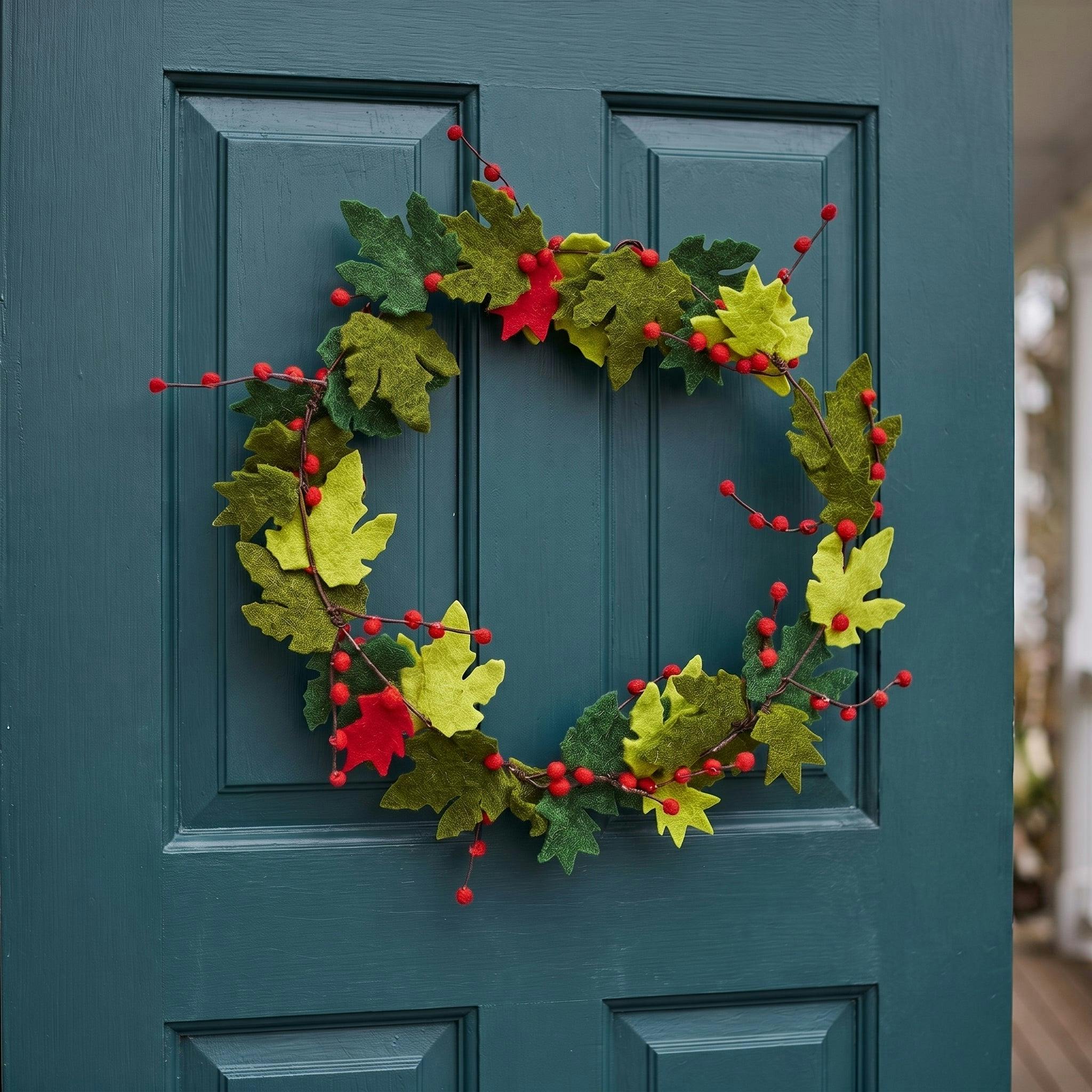 Maple Leaf Wreath Berries Hand Felted Wool - 12