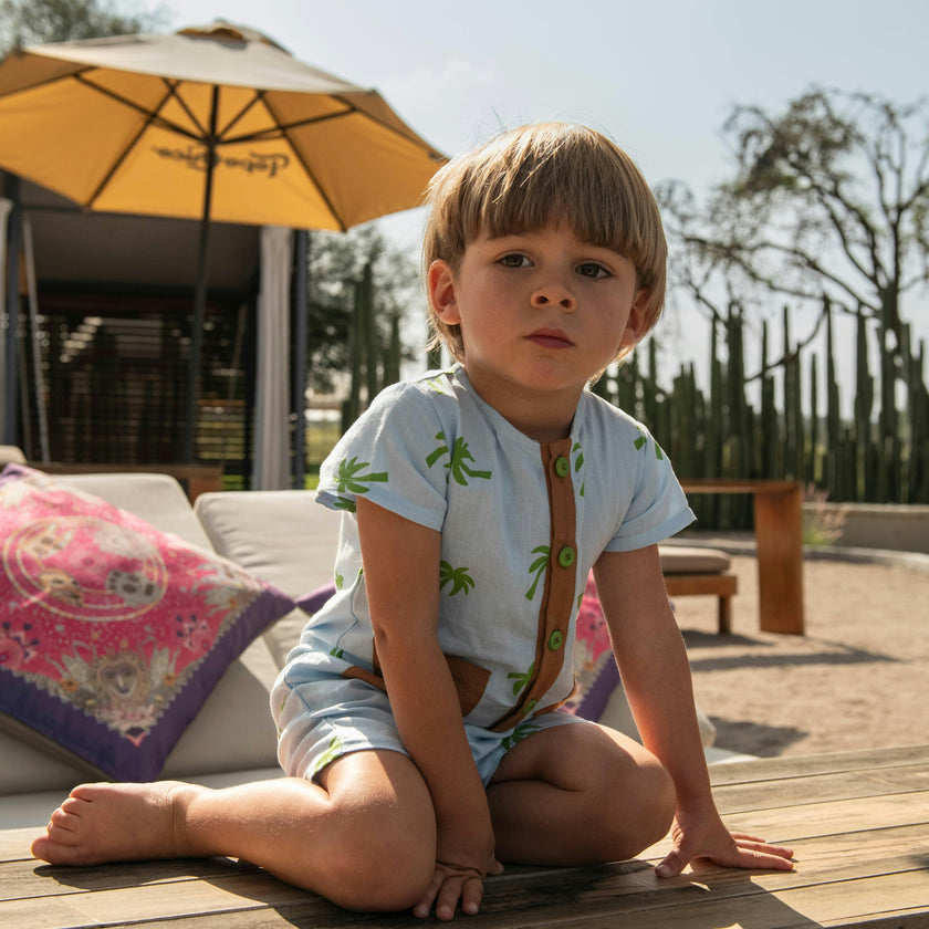 Linen Palm Tree Pocket Baby Romper