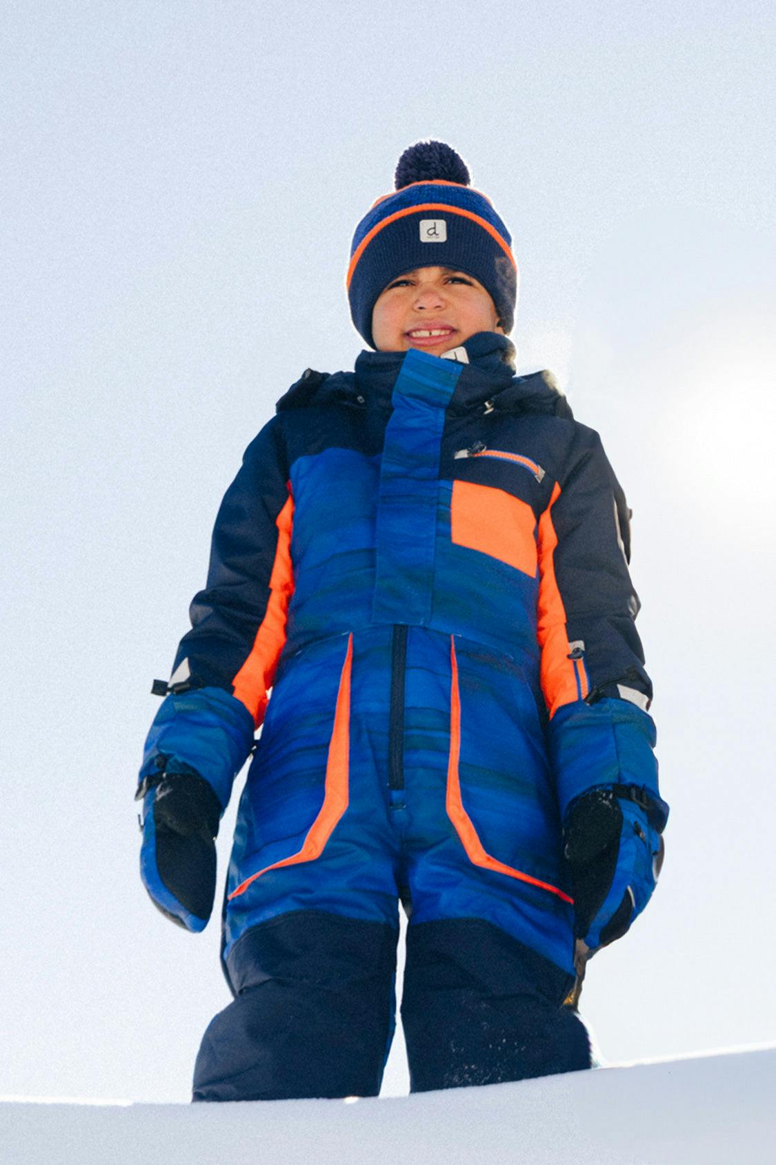Kids One Piece Play Snowsuit Blue With Black Stripes