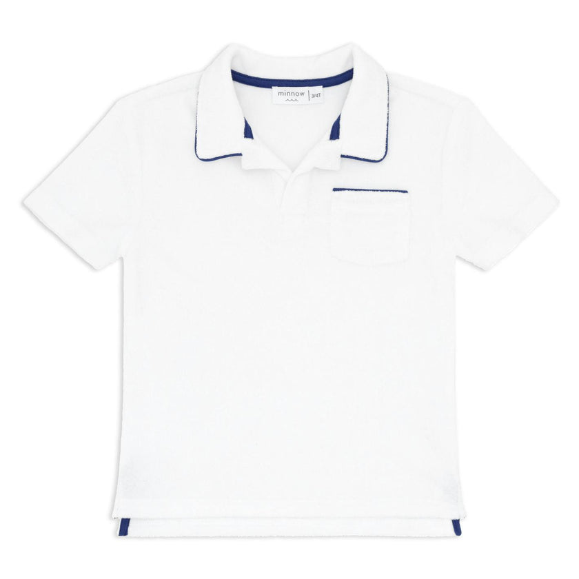 unisex white french terry polo with navy piping