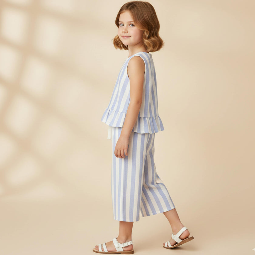Organic Ruffle Top & Pants Set - Blue Stripes