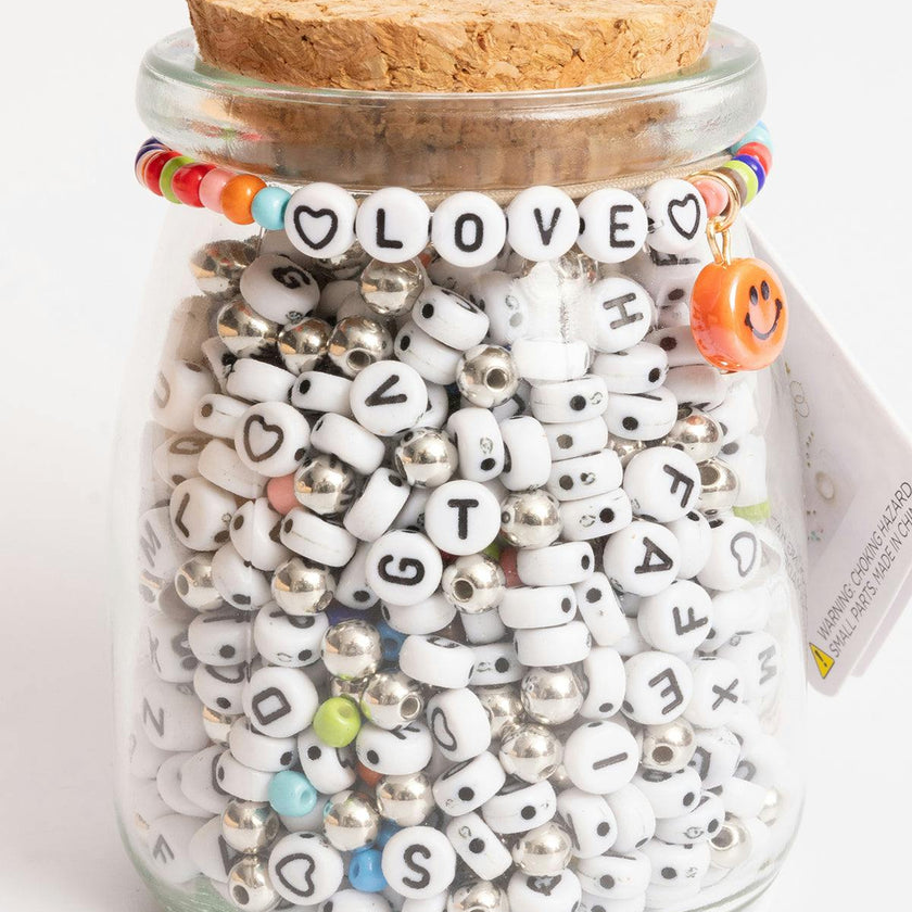 LOVE Beaded Word Bracelet Round Letter DIY Bead Jar with Ceramic Happy Face Charm