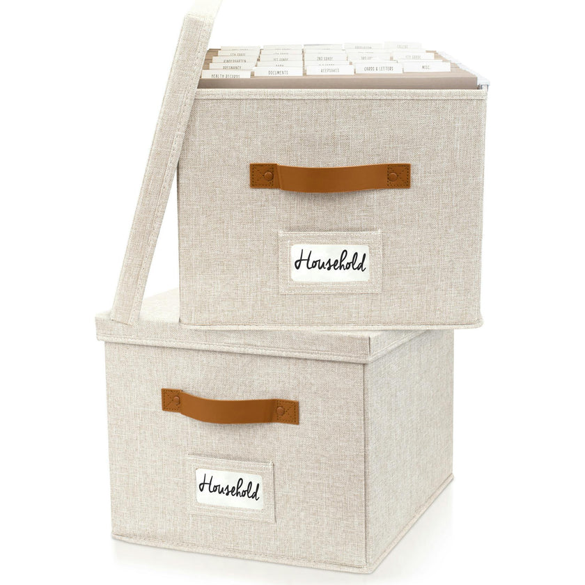 ZICOTO Decorative Ivory File Box Organizer Set of 2 - Collapsible Linen File Cabinet for Easy Folder Storage - Store All Your Documents and Folders in Style