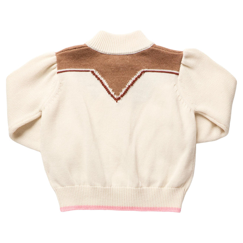 Girls Western Zip Sweater - Cream and Brown