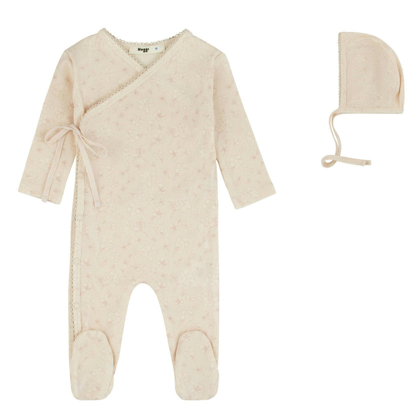 Ribbed Floral Wrap Footie And Bonnet