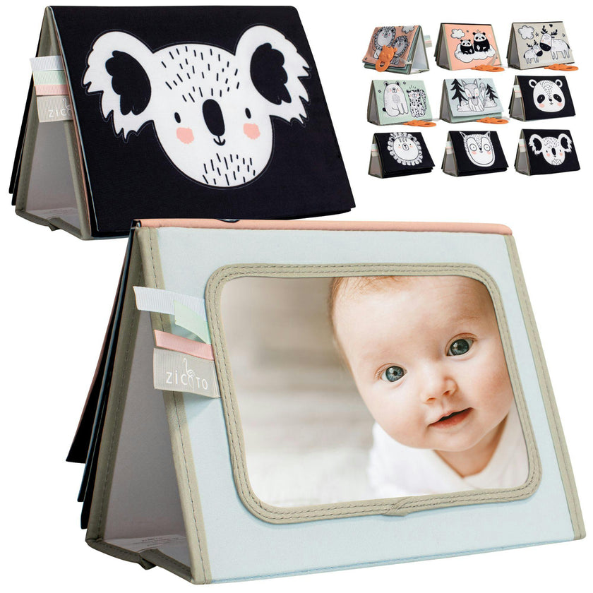 Soft Tummy Time Book w/Large Stimulating Baby Safe Mirror - High Contrast Montessori Toy w/Mirror, Crinkle Filling & Silicone Teether - For Newborn Development