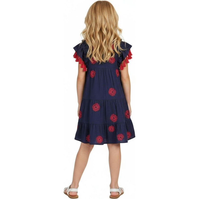 Sophie Girls Tassel Dress Navy Embroidery, Pink