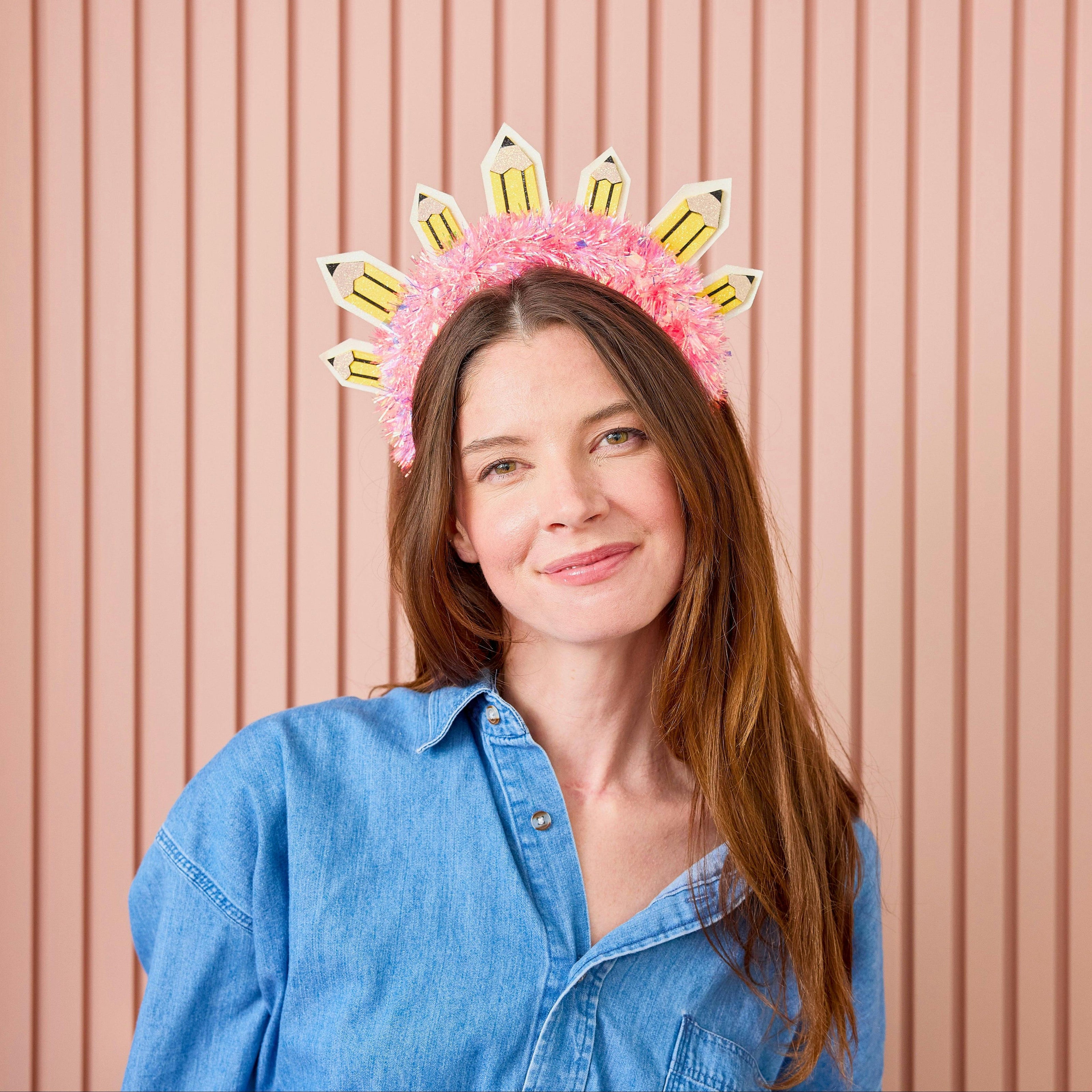 Packed Party Best in Class Pencil Novelty Headband - Multi-Sized Glitter Felt Pencils with Pink Tinsel Wrap for Back to School and Classroom Parties