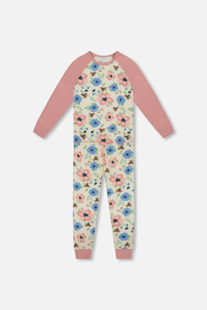 Organic Cotton Two-Piece Pajamas Off-White Flower Print