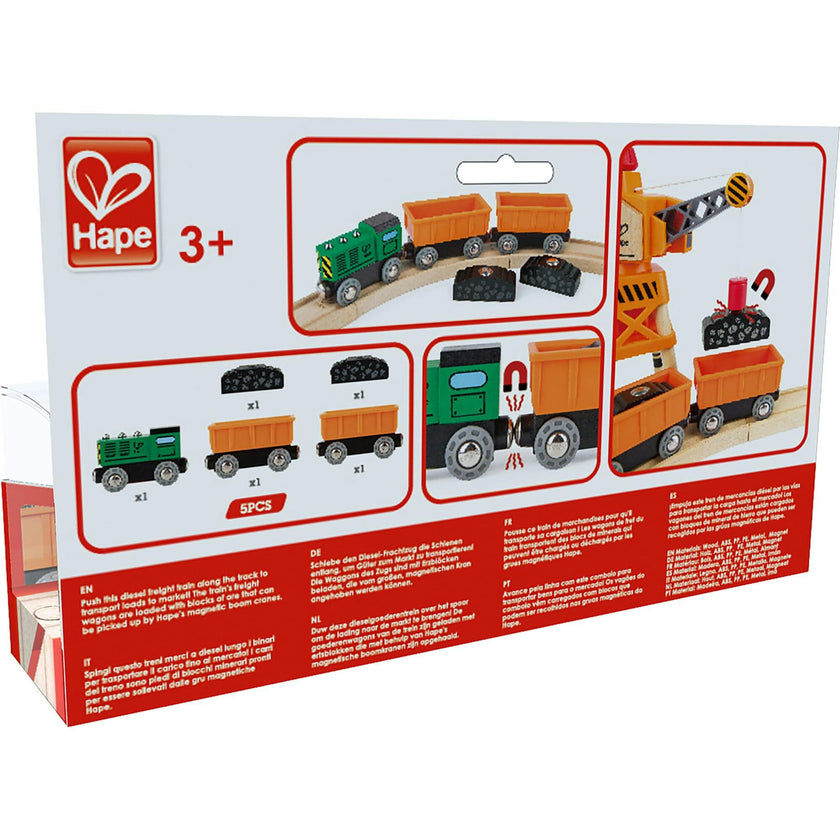 Hape: Diesel Freight Train- Green & Orange - 3pc Wooden Locomotive Toy