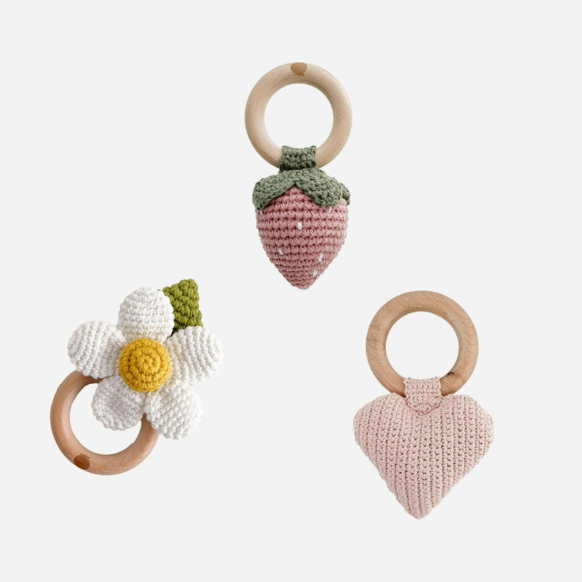 Teether Set - Blush Strawberry Heart and White Flower