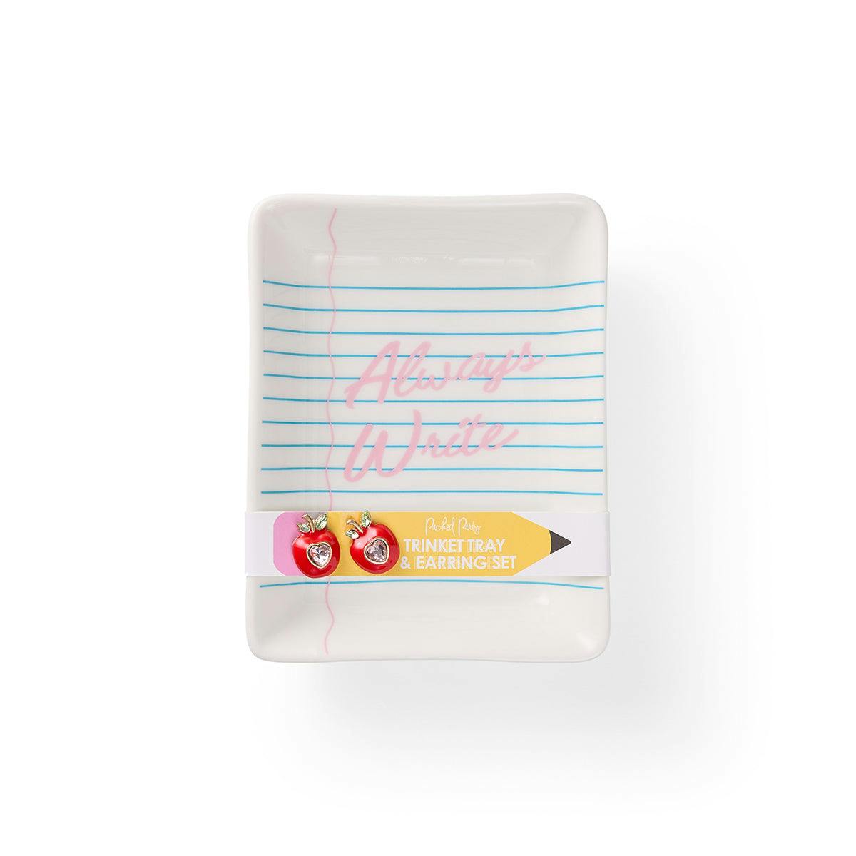 Packed Party Always Write Teacher Trinket Tray and Apple Earring Set – Ceramic Notebook Paper Tray with Red Enamel Apple Stud Earrings, 4.33x5.5 Inch