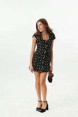 Zoe Black Dress With Silver Flowers Sequin Boucle Cap Sleeve