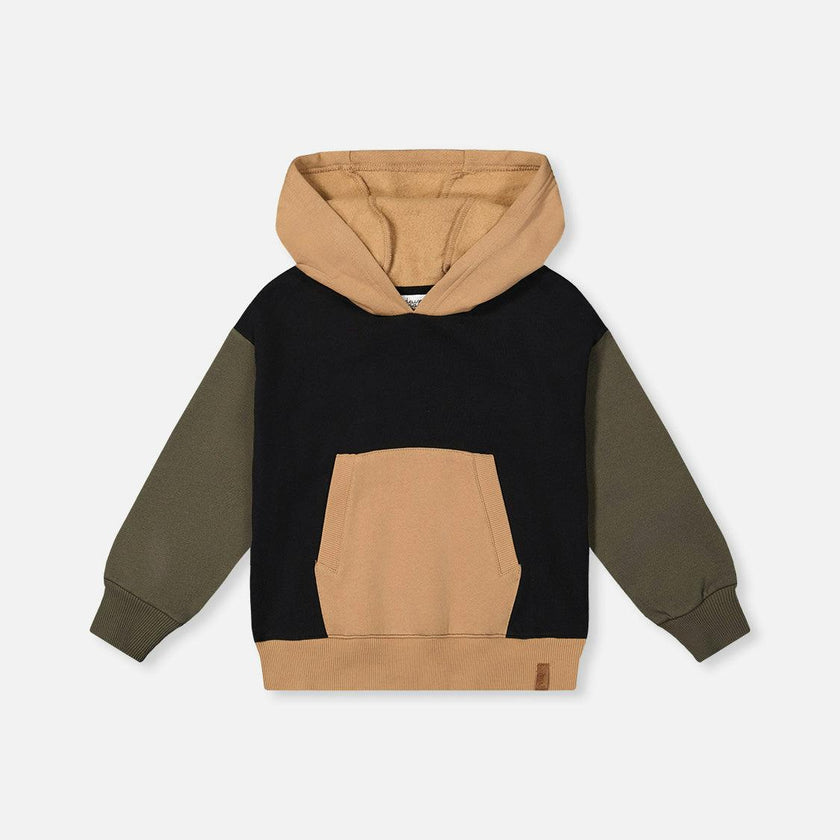 Hooded Colorblock Fleece Cardigan Black, Green and Beige