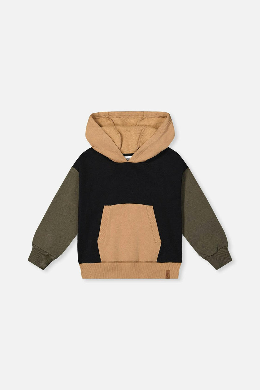 Hooded Colorblock Fleece Cardigan Black, Green and Beige