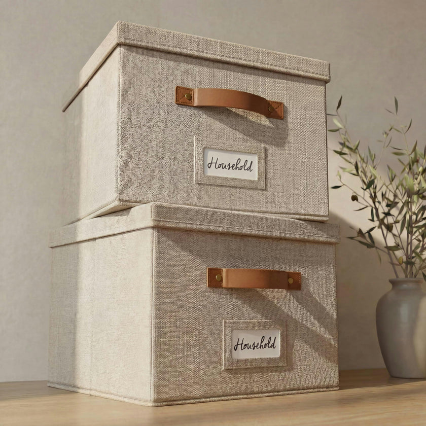 ZICOTO Decorative Ivory File Box Organizer Set of 2 - Collapsible Linen File Cabinet for Easy Folder Storage - Store All Your Documents and Folders in Style