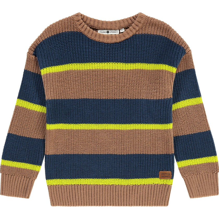 Rib Knit Striped Crew Neck Pull-Over Sweater