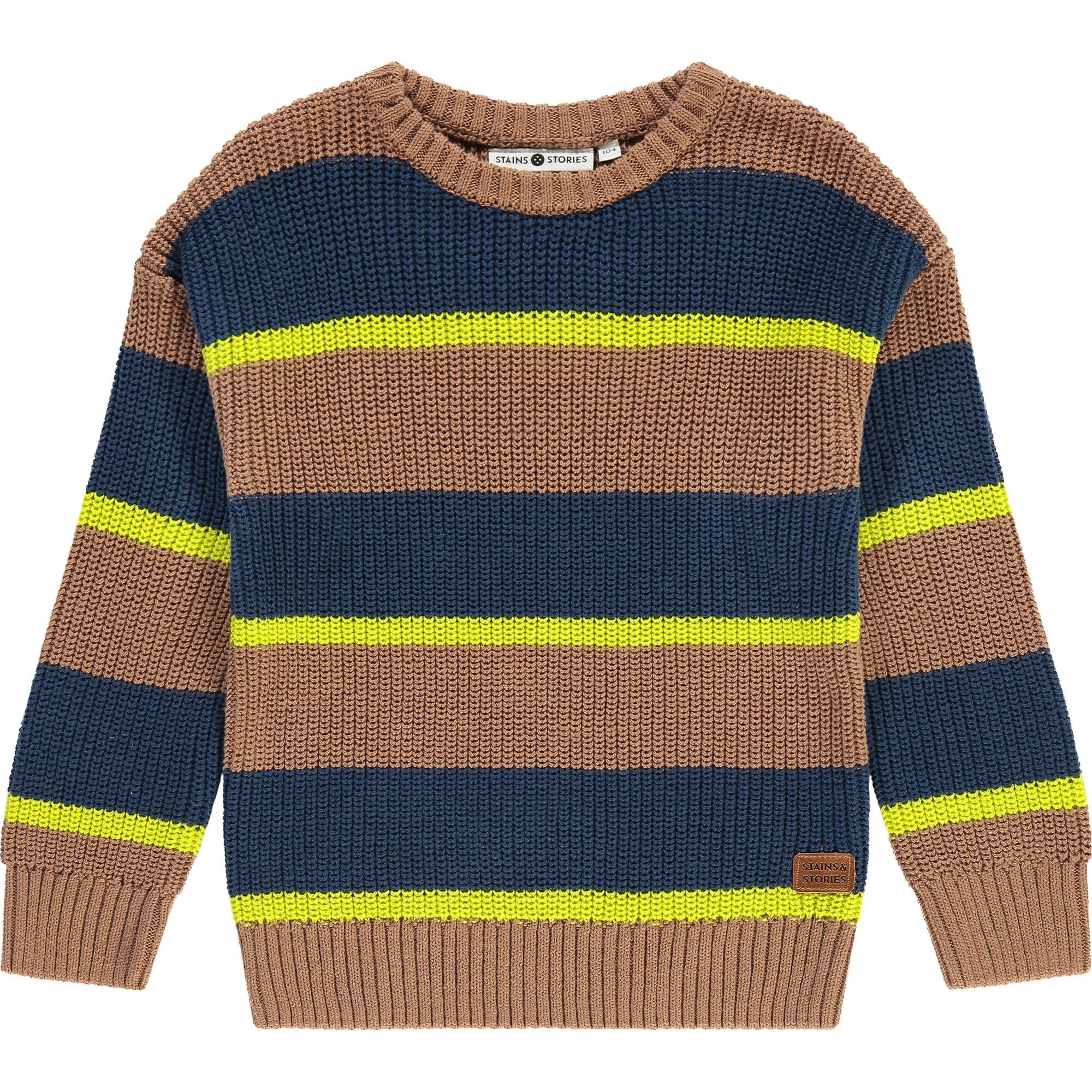 Rib Knit Striped Crew Neck Pull-Over Sweater