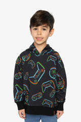 Fleece Hooded Sweatshirt Black Printed Controller