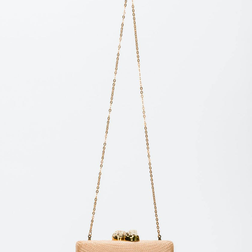 Women's Jen Woven Straw Clutch With White Stones, Toast