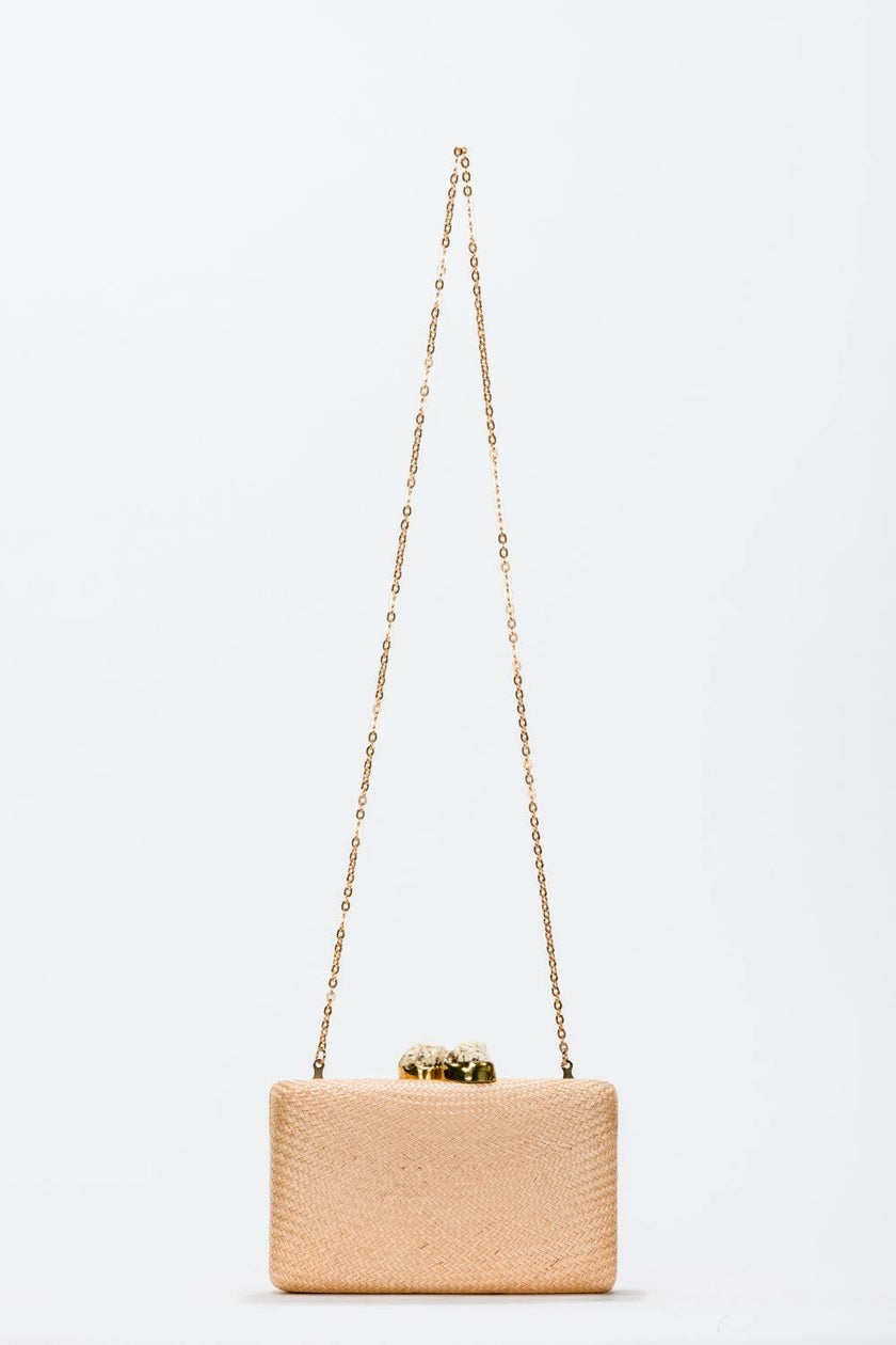Women's Jen Woven Straw Clutch With White Stones, Toast