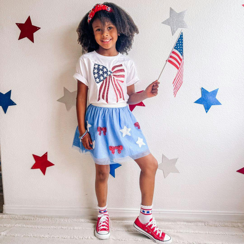 Patriotic Sequin Bow Patch Short Sleeve T-Shirt - White