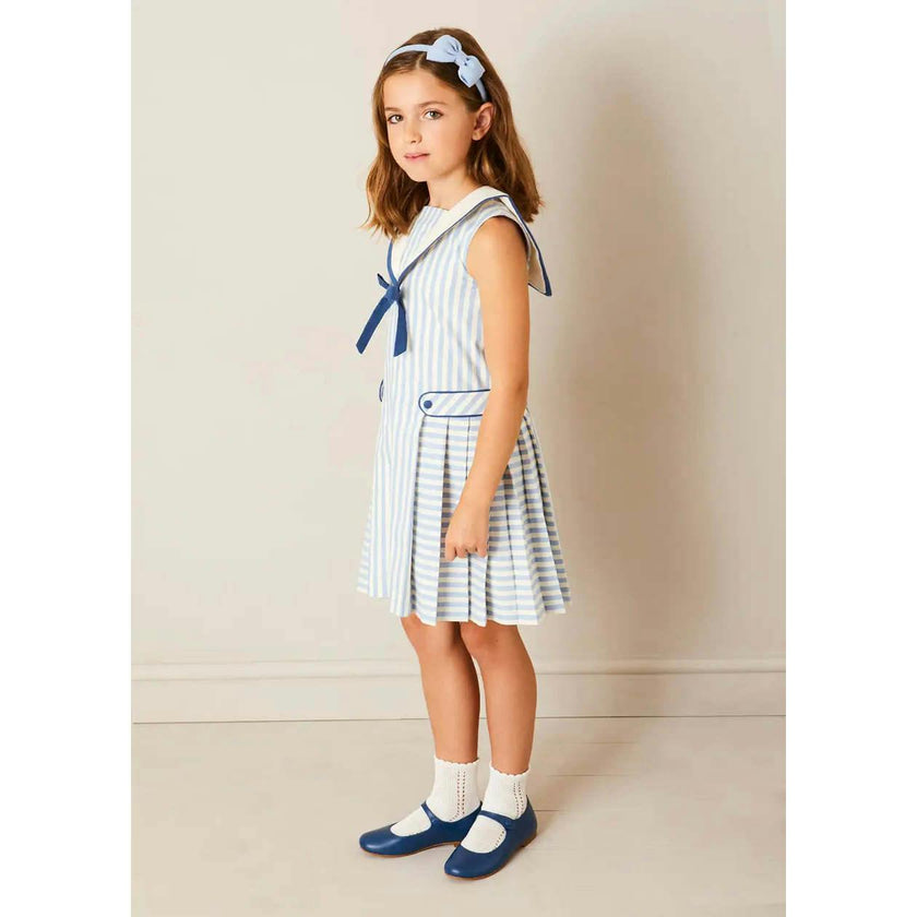 Regency Striped Mariner Collar Pleated Sleeveless Dress in Blue (12mths-10yrs)