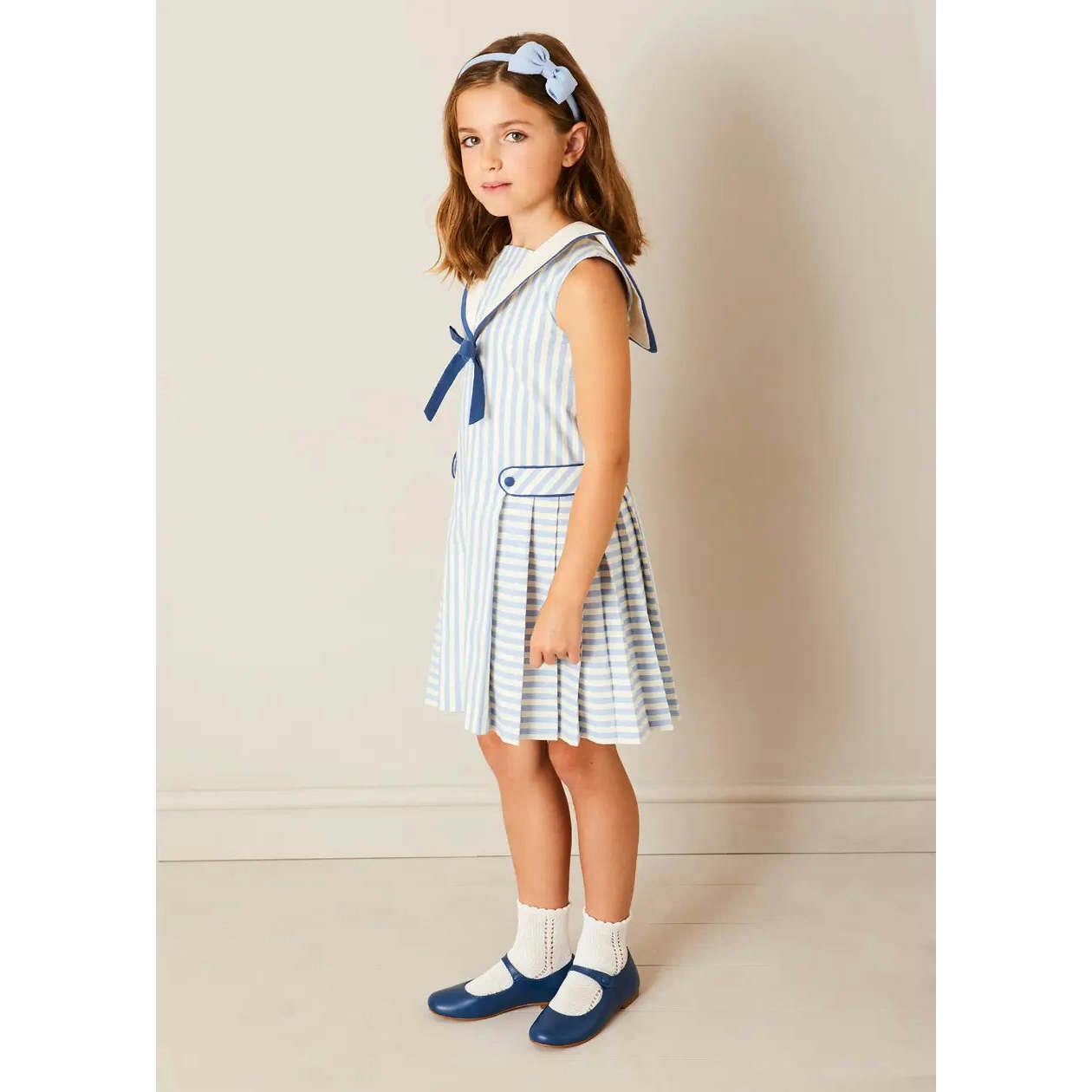 Regency Striped Mariner Collar Pleated Sleeveless Dress in Blue (12mths-10yrs)