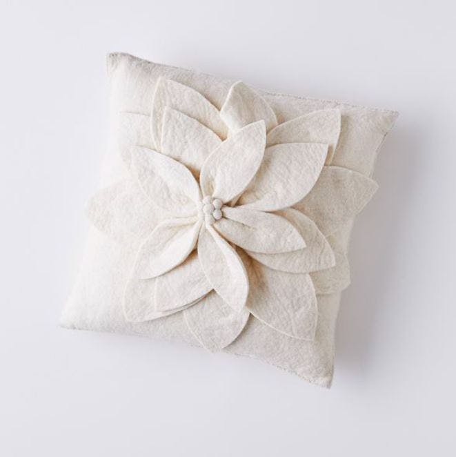 Hand Felted Wool Pillow - Cream 3D Flower Cream, 20"