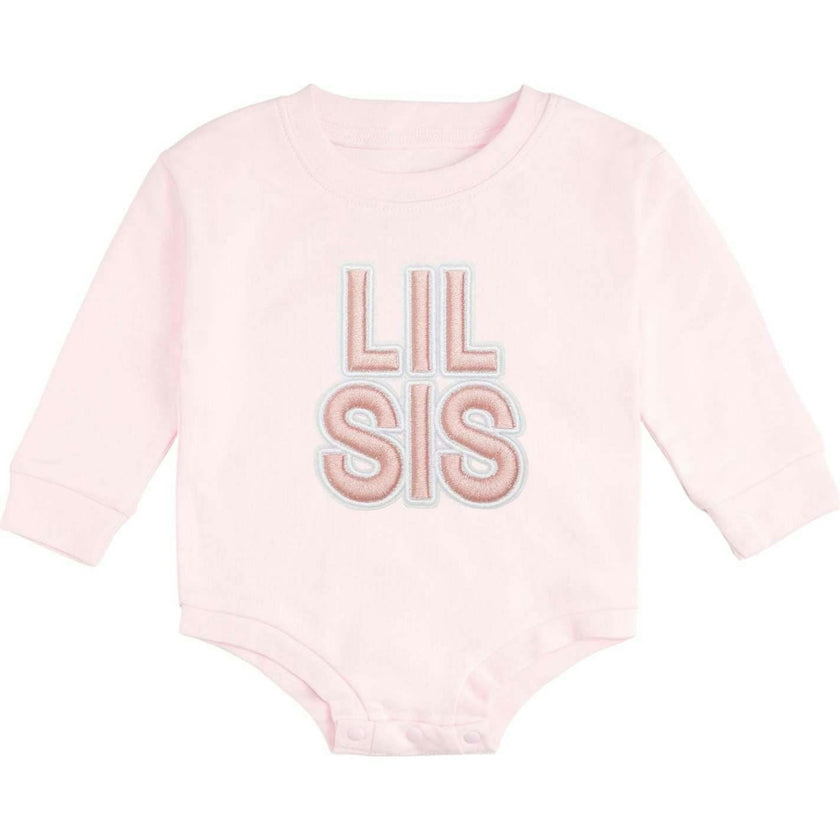 Lil Sis Embroidered Patch Long Sleeve Romper - Ballet