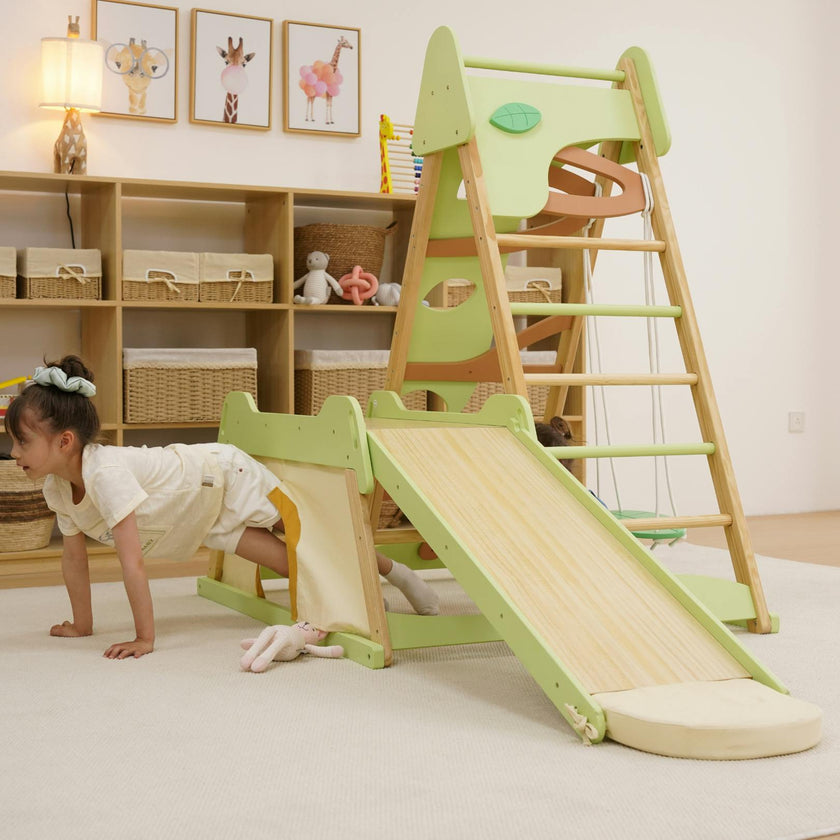 Avenlur Bush 6-in-1 Indoor Wooden Jungle Gym Climber – Montessori Toddler Playset with Slide, Rock Wall, Ladder & More
