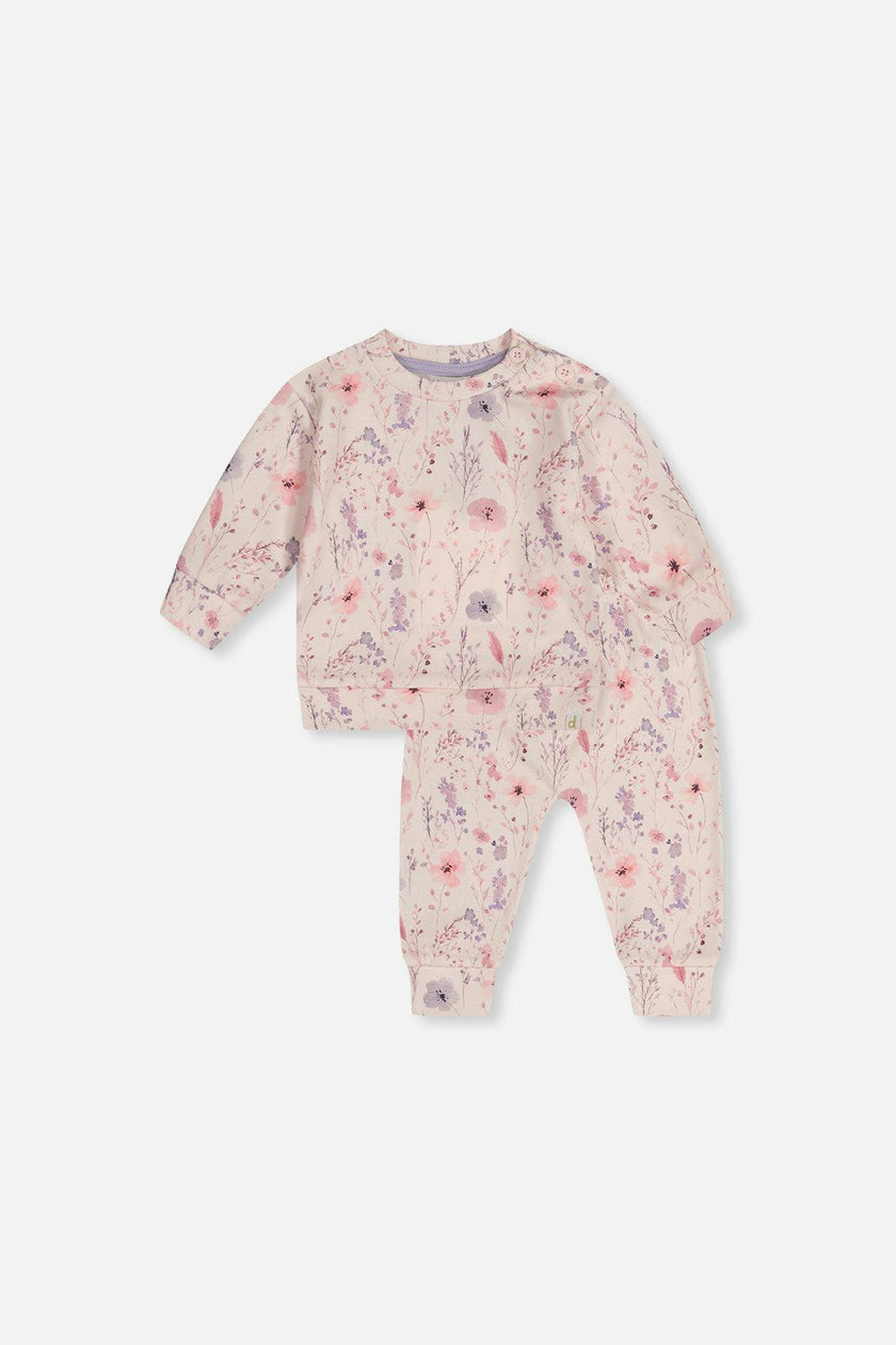 Organic Cotton Pants And Top Set Pink Printed Flowers