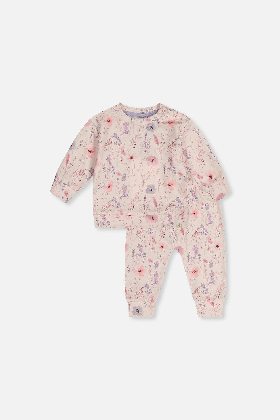 Organic Cotton Pants And Top Set Pink Printed Flowers
