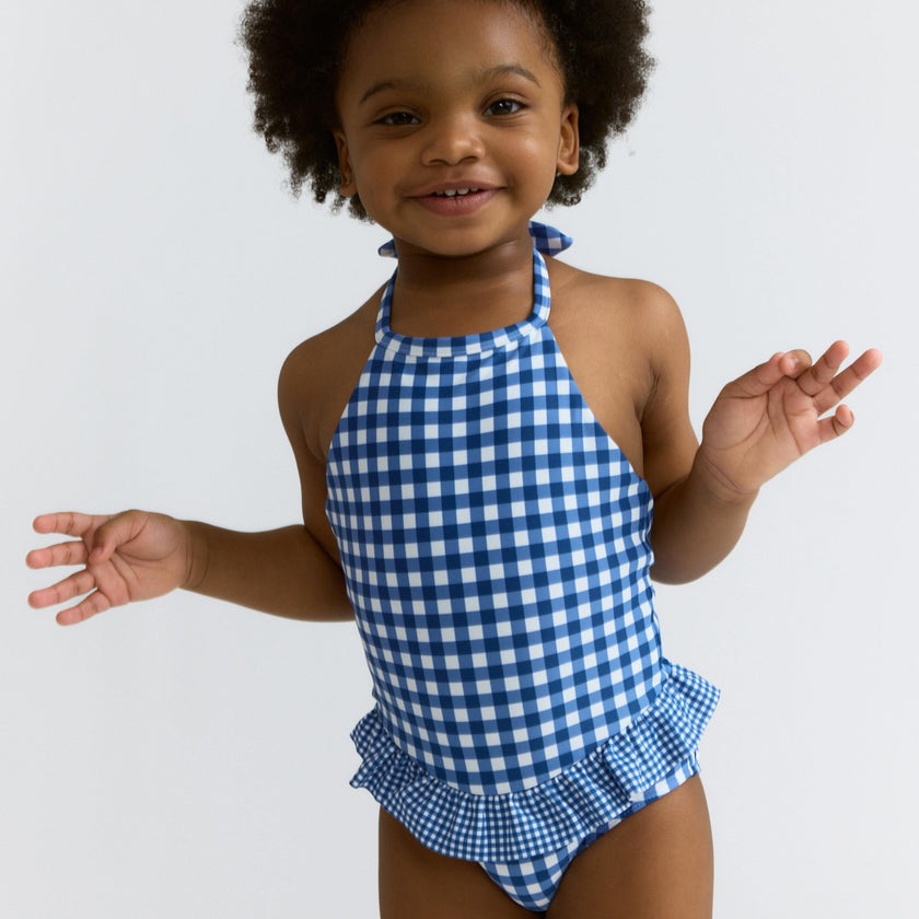 girls navy picnic gingham ruffle halter one piece